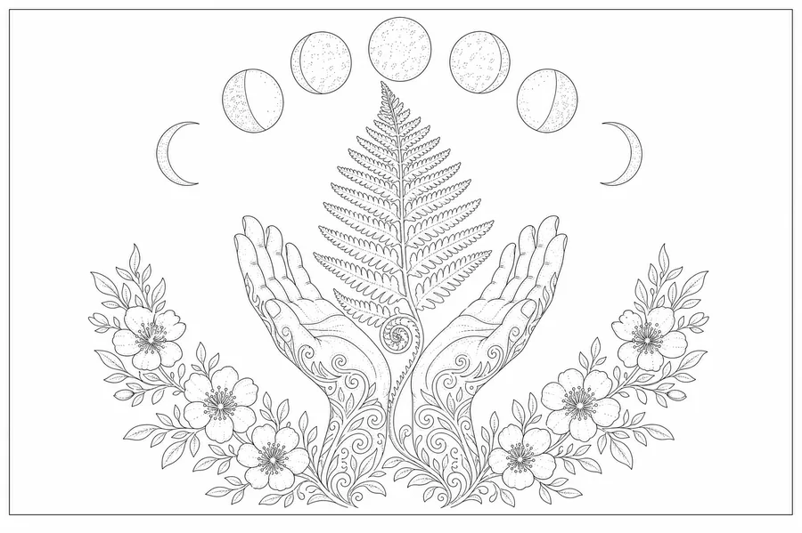 Two cupped hands holding a young fern frond beneath an arc of moon phases