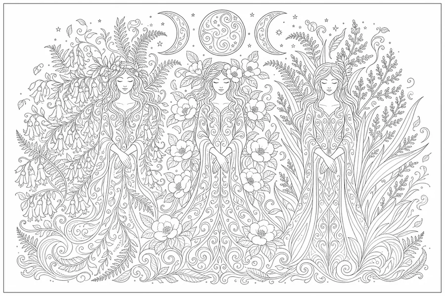 Three women beneath a triple moon, wreathed in kowhai, camellia and harakeke