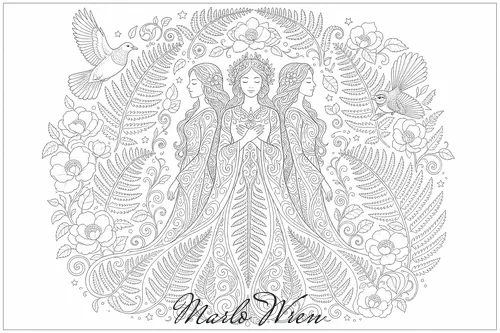 Sisterhood, a line drawing to colour