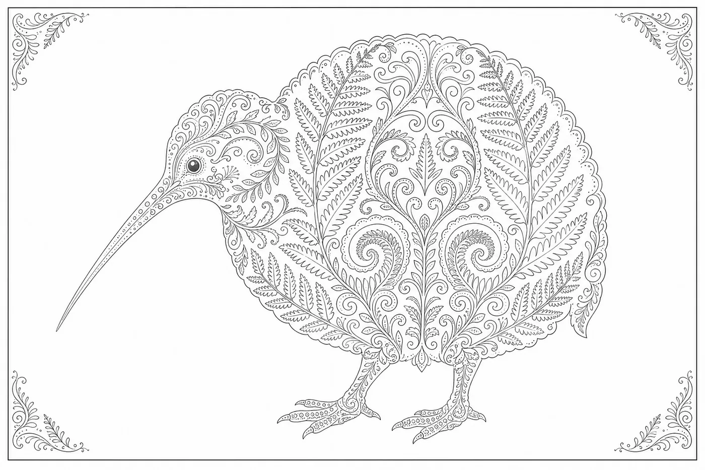 An ornate line drawing of a kiwi, its body built from overlapping fern fronds