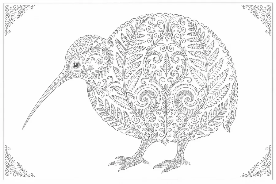 Kiwi drawn from overlapping fern fronds