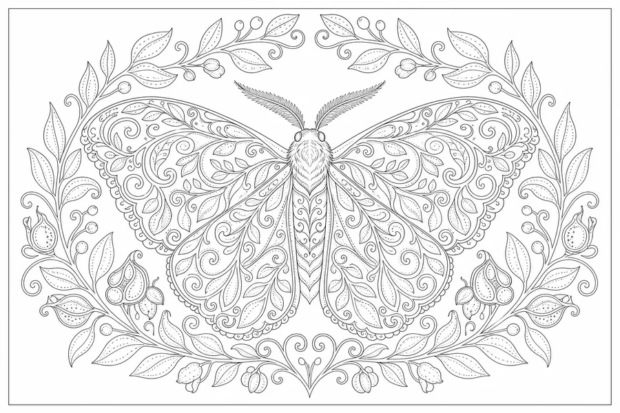Line drawing of a puriri moth with wings open flat