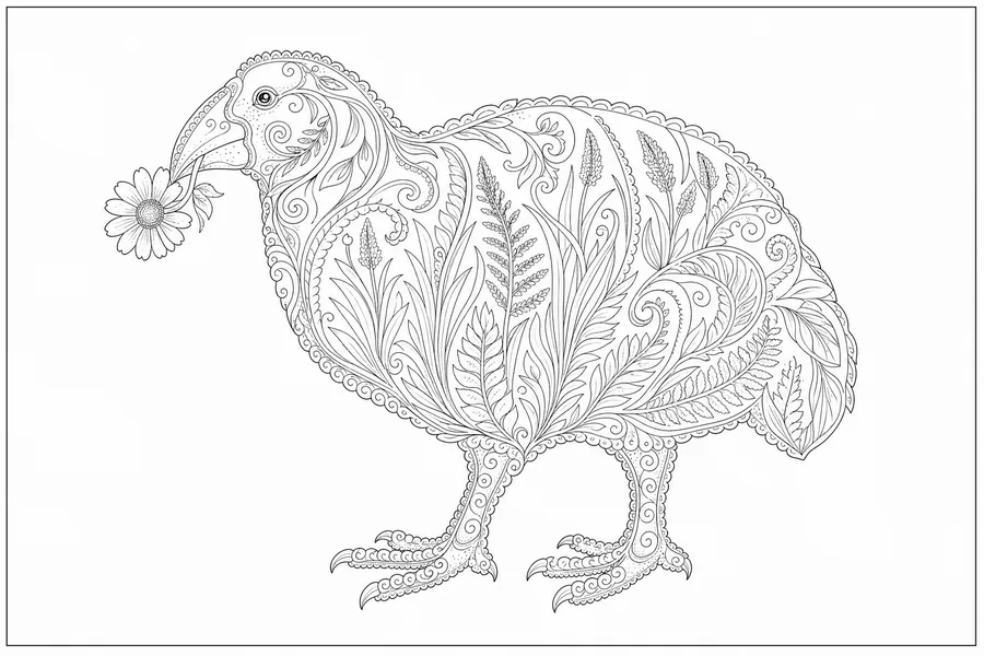Takahe standing side on, body built from tussock blades