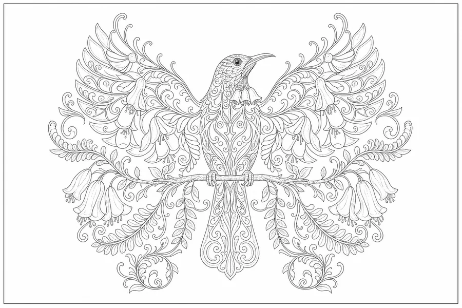 Line drawing of a tui with wings spread into kowhai blossom