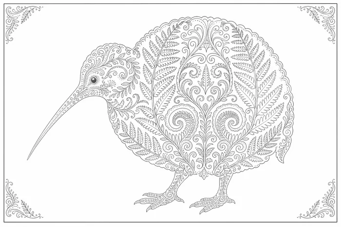 Kiwi, a line drawing to colour